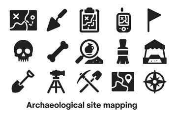 Archaeological site mapping icons: tools, maps, and artifacts