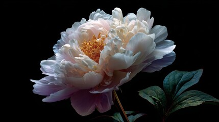 Peony flower stands tall with soft petals and bright center against dark background in garden during spring