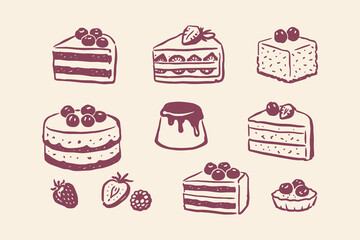 Dessert set cakes and berries doodle line art vector illustration