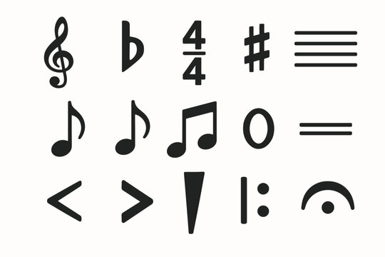 Musical notation symbols: clefs, notes, key signatures, rest, dynamics
