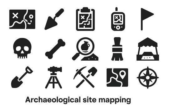 Archaeological site mapping icons: tools, maps, and artifacts