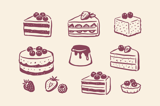 Dessert set cakes and berries doodle line art vector illustration