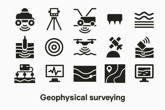 Geophysical surveying icons set featuring instruments and techniques
