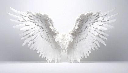 Fototapeta premium White feathered wings spread open symmetrically on plain white background, layered and three-dimensional.