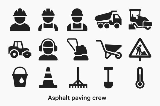 Asphalt paving crew icons: construction equipment and safety symbols