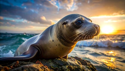 Close-up of a sea lion on a rock, facing right, with ocean waves and sunset hues in the background