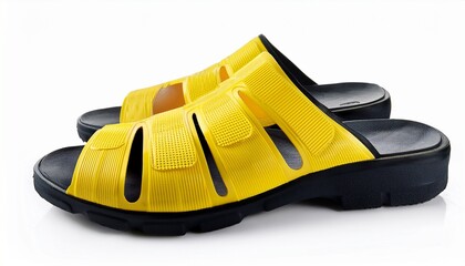 bright yellow rubber sandals with ventilation holes top strap and textured soles on white background for editorial footwear photography casual fashion and summer accessory themed visuals