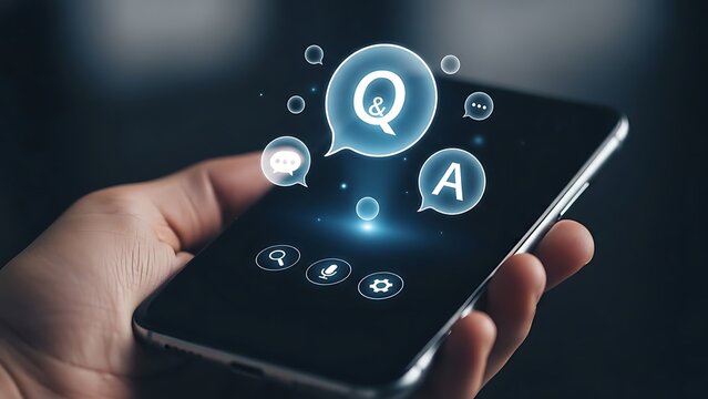 Hand holding smartphone with question and answer icons.
