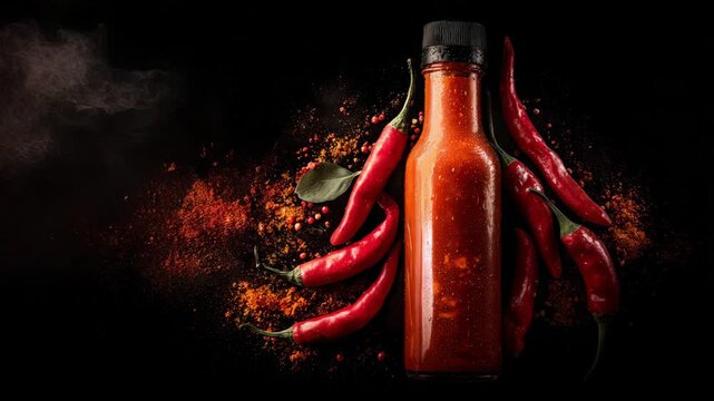 Spicy red chili sauce bottle with fresh red peppers and spices on black background