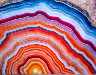 close up of colorful agate stone with concentric banding in vibrant shades of orange red blue purple and white for editorial geology photography jewelry design and natural mineral themed visuals