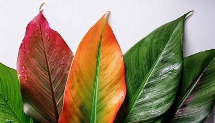 close up of multicolored tropical leaves with water droplets and visible veins on white background for editorial botanical photography natural texture and vibrant design themed visuals