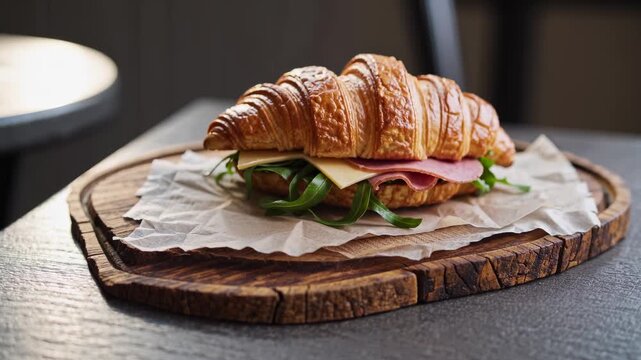 Lunch croissant sandwich on cutting board. Ham and cheese with crispy bread. Tasty food for breakfast or snack meal. Fresh croissant sandwich with layered ingredients ready for lunch