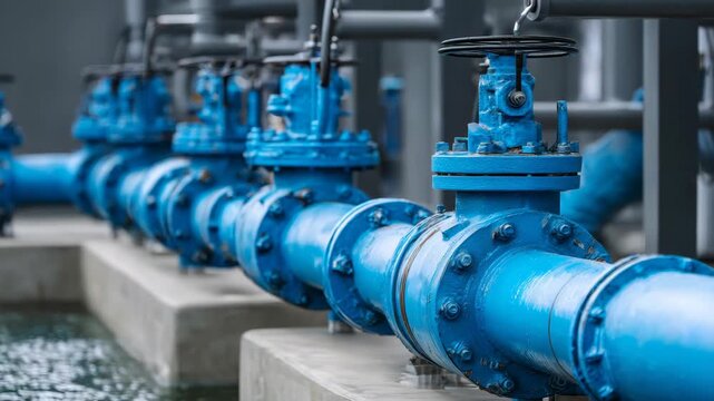 Industrial blue water valves and pipes in a row at a utility facility