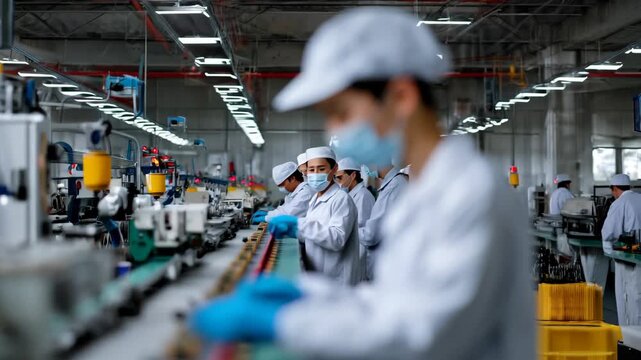 Young worker in a factory wearing a mask and gloves, focused on assembly line tasks