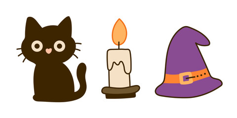 Cute halloween set with black cat, candle and witch hat.