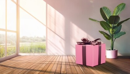 elegant pink gift box in sunlit room with wood floor and plant