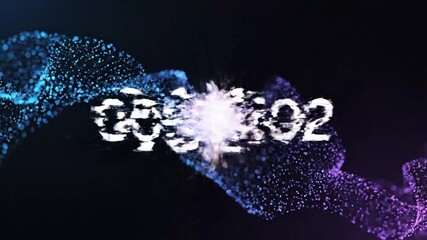 Abstract digital particles wave overlay with timer, blue and purple glow on dark background. - Powered by Adobe