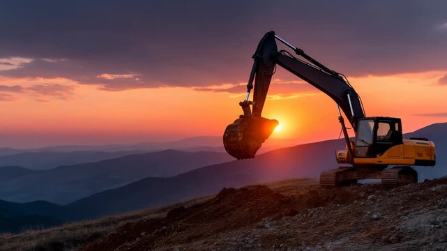 Excavator at sunset in mountainous landscape, heavy machinery silhouette against colorful sky