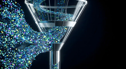 Data Funnel: A mesmerizing depiction of data processing, with a continuous flow of information filtering through a glass funnel. The image portrays the essence of data transformation.