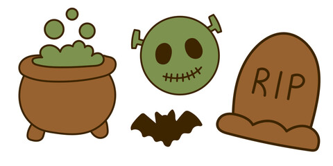 Cartoon halloween elements with zombie, grave, potion and bat,&acute;.