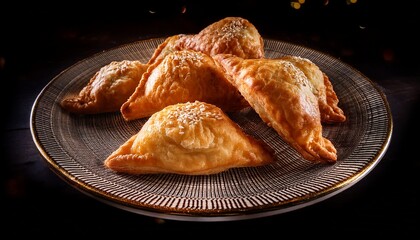 golden deep fried stuffed pastries with crimped edges and flaky texture for editorial culinary photography traditional food design and poetic flavor themed visuals