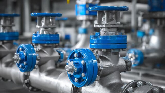 Industrial blue valve network on silver pipelines in factory setting