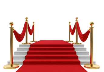 Red carpet staircase with golden stanchions and velvet ropes isolated on transparent background