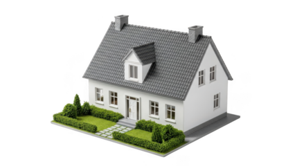 Modern Two Story Suburban House Model with Landscaped Yard Isolated on White