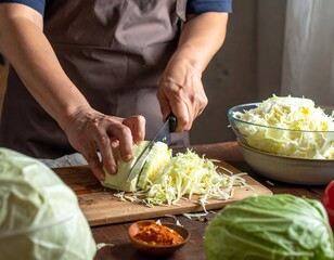 Close-up of a person slicing a white cabbage on a wooden cutting board with a knife, kitchen scene