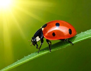 Close-up of a vibrant ladybug with a red shell and black spots perched on a green blade of grass, lit by bright sunlight