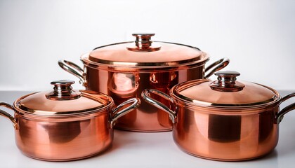 hammered copper pots with lids and side handles arranged on white background for editorial cookware photography kitchen design and artisanal culinary tools themed visuals
