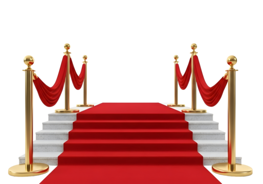 Red carpet staircase with golden stanchions and velvet ropes isolated on transparent background - Powered by Adobe