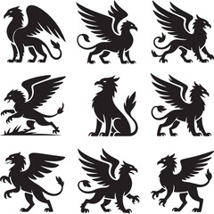 Obraz premium Nine mythical griffin silhouettes in various poses and styles