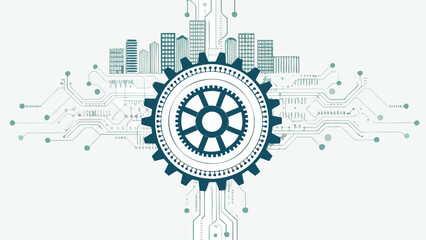 Obraz premium Flat illustration showing a layered circuit board with gear and cityscape in background, representing technology and innovation