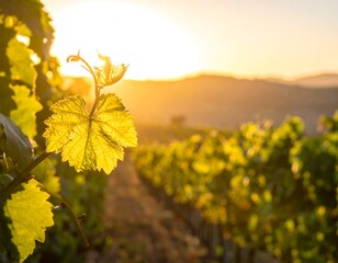 Close-up of a vibrant leaf in a sunlit vineyard, with rows receding into a blurry golden background during a picturesque sunset