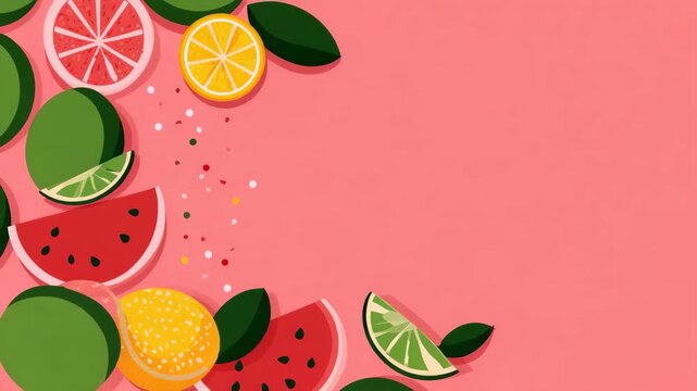 Colorful citrus and watermelon slices on pink background with leaves