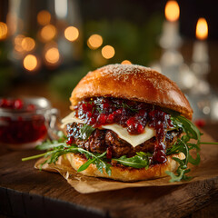 A burger sits on a piece of paper on a wooden table. The burger has cheese, sauce, and greens. Soft lights glow in the background. The setting is warm and inviting for a meal.