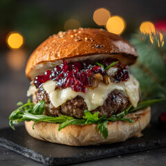 A burger sits on a piece of paper on a wooden table. The burger has cheese, sauce, and greens. Soft lights glow in the background. The setting is warm and inviting for a meal.