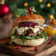 A burger sits on a piece of paper on a wooden table. The burger has cheese, sauce, and greens. Soft lights glow in the background. The setting is warm and inviting for a meal.