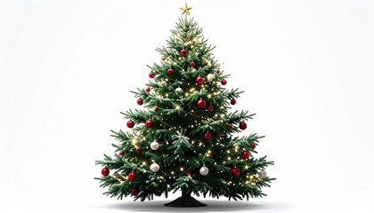 Fototapeta premium Decorated Christmas tree with red, white, silver baubles, yellow lights, golden star topper, white background.