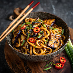A bowl holds noodles topped with grilled vegetables, green onions, and chili. Chopsticks rest beside the bowl on a wooden surface. Spices are arranged around the dish.