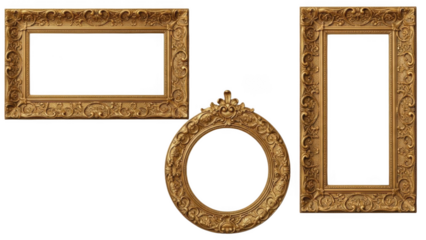 Set of Three Ornate Antique Gold Picture Frames in Rectangular and Oval Shapes with Intricate Baroque Carvings Isolated on White Background