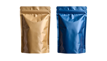 Two identical standing pouches, one gold, one blue, with a zip closure, on a black backdrop