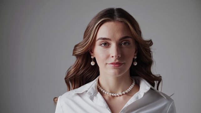 Elegant woman with pearls and white shirt. Beauty and empowerment blend with confidence. Fashion model symbolizes success. Woman leader represents elegance. Confident businesswoman in simple pose