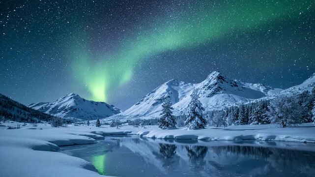 Frozen Lake Reflections aurora glow winter Still, pristine frozen lake perfectly reflecting a colorful aurora display, framed by a