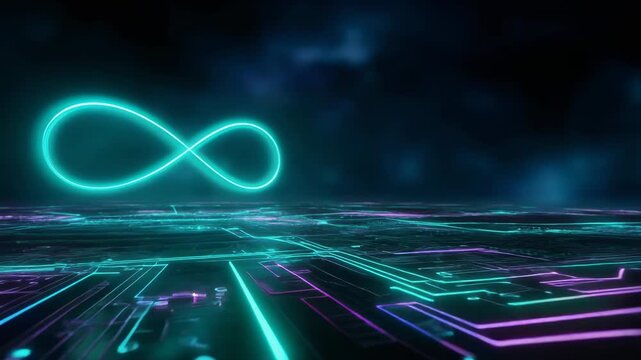 Futuristic digital infinity symbol glowing over a tech-inspired landscape