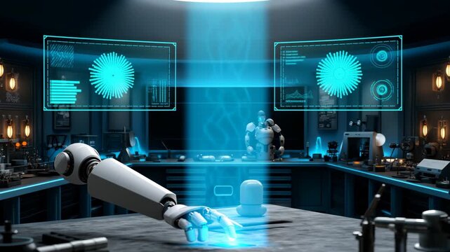 Futuristic robotic hand interacting with a glowing circuit board in an advanced technology setting