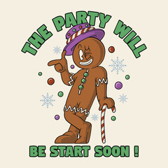 Retro Cartoon Funny Gingerbread Man Party Illustration