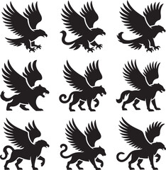 Obraz premium Collection of mythical griffin and eagle creature silhouettes isolated