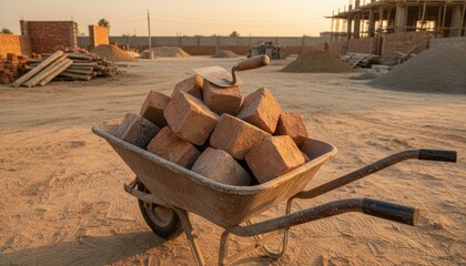 Wheelbarrow full of bricks on construction site